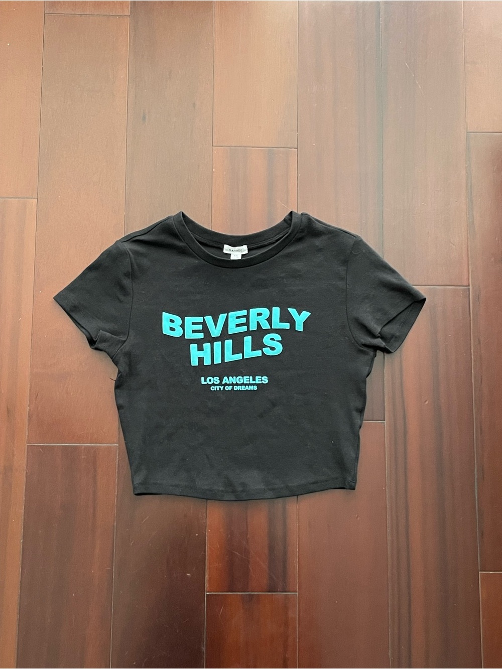 Garage Black Crop Top with Turquoise 'Beverly Hills' Print
